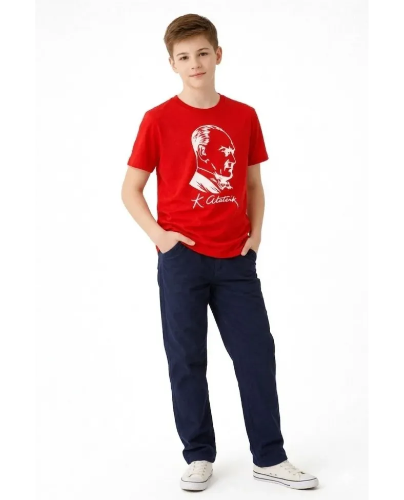 Erkek Çocuk Atatürk Baskılı Tişört Kısa Kollu Bisiklet Yaka T-Shirt - Kırmızı