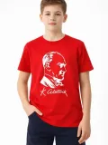 Erkek Çocuk Atatürk Baskılı Tişört Kısa Kollu Bisiklet Yaka T-Shirt - Kırmızı