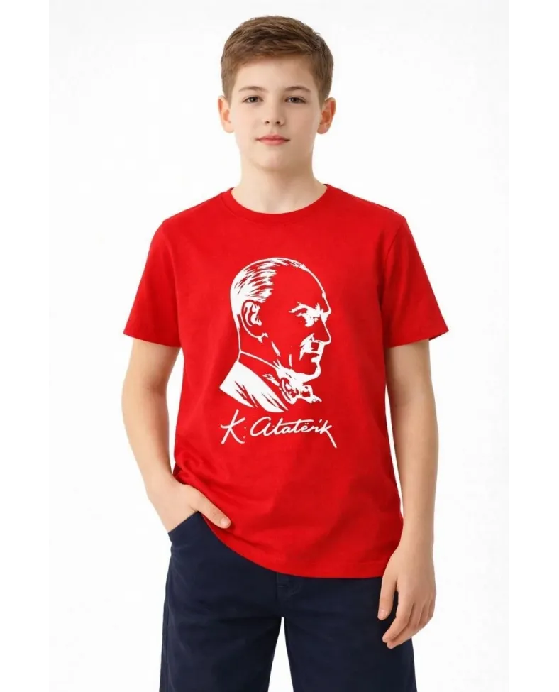 Erkek Çocuk Atatürk Baskılı Tişört Kısa Kollu Bisiklet Yaka T-Shirt - Kırmızı