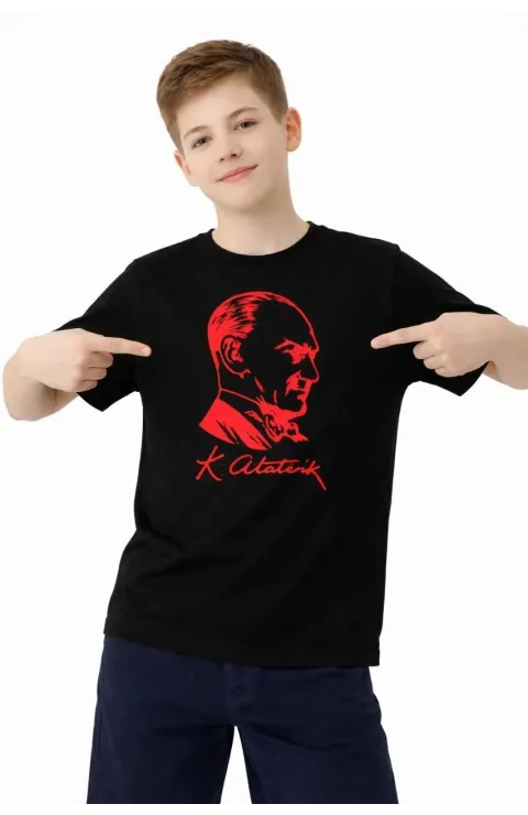 Erkek Çocuk Atatürk Baskılı Tişört Kısa Kollu Bisiklet Yaka T-Shirt - Siyah