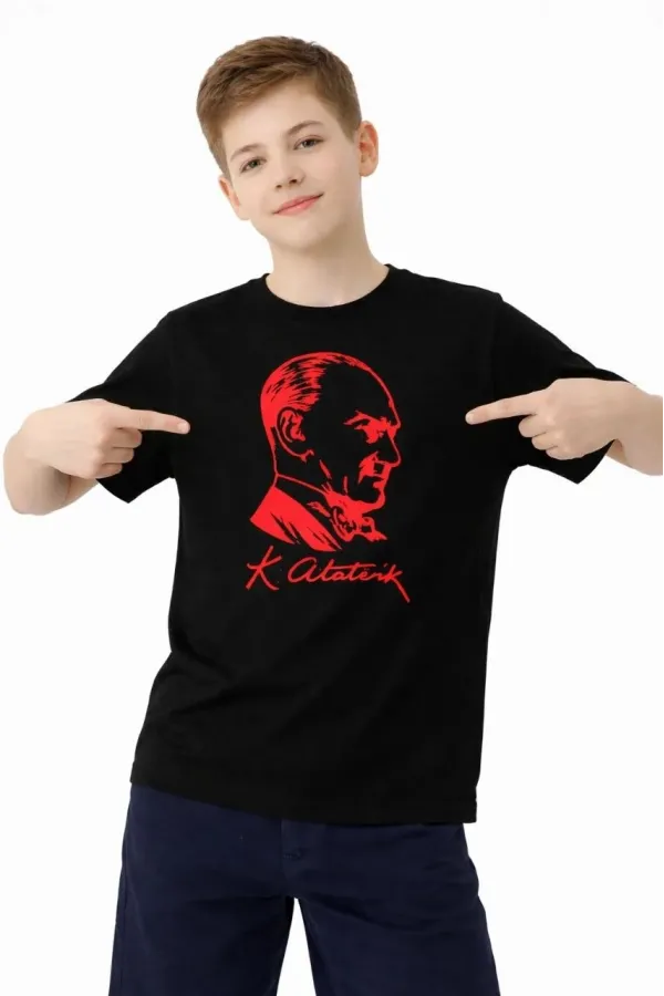 Erkek Çocuk Atatürk Baskılı Tişört Kısa Kollu Bisiklet Yaka T-Shirt - Siyah