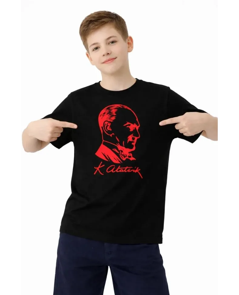 Erkek Çocuk Atatürk Baskılı Tişört Kısa Kollu Bisiklet Yaka T-Shirt - Siyah
