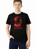 Erkek Çocuk Atatürk Baskılı Tişört Kısa Kollu Bisiklet Yaka T-Shirt - Siyah