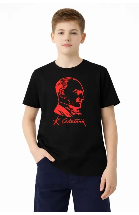 Erkek Çocuk Atatürk Baskılı Tişört Kısa Kollu Bisiklet Yaka T-Shirt - Siyah
