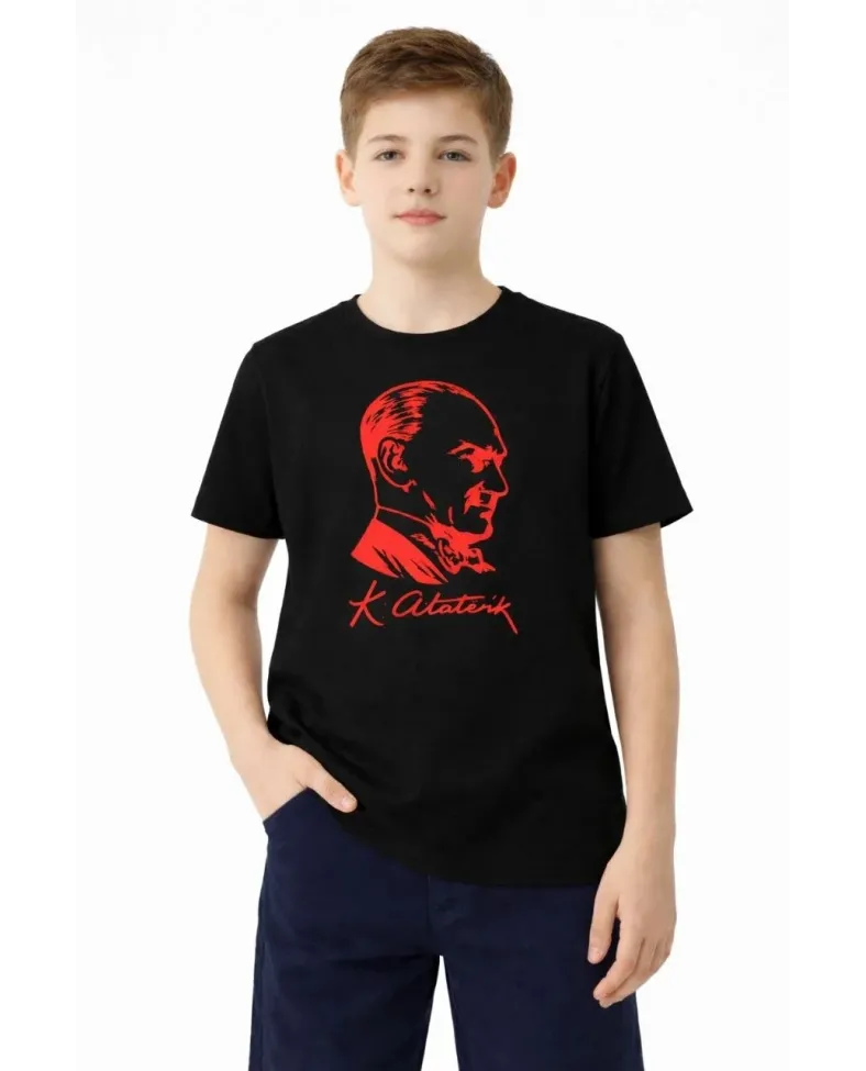 Erkek Çocuk Atatürk Baskılı Tişört Kısa Kollu Bisiklet Yaka T-Shirt - Siyah