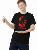 Erkek Çocuk Atatürk Baskılı Tişört Kısa Kollu Bisiklet Yaka T-Shirt - Siyah