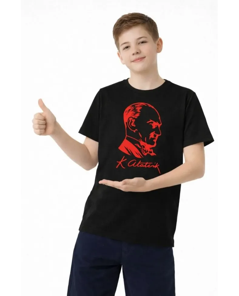 Erkek Çocuk Atatürk Baskılı Tişört Kısa Kollu Bisiklet Yaka T-Shirt - Siyah