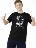 Erkek Çocuk Atatürk Baskılı Tişört Kısa Kollu Bisiklet Yaka T-Shirt - Siyah