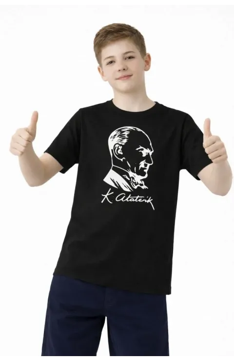 Erkek Çocuk Atatürk Baskılı Tişört Kısa Kollu Bisiklet Yaka T-Shirt - Siyah