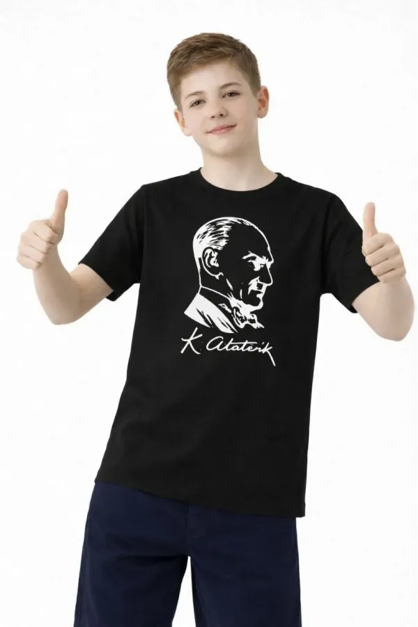 Erkek Çocuk Atatürk Baskılı Tişört Kısa Kollu Bisiklet Yaka T-Shirt - Siyah