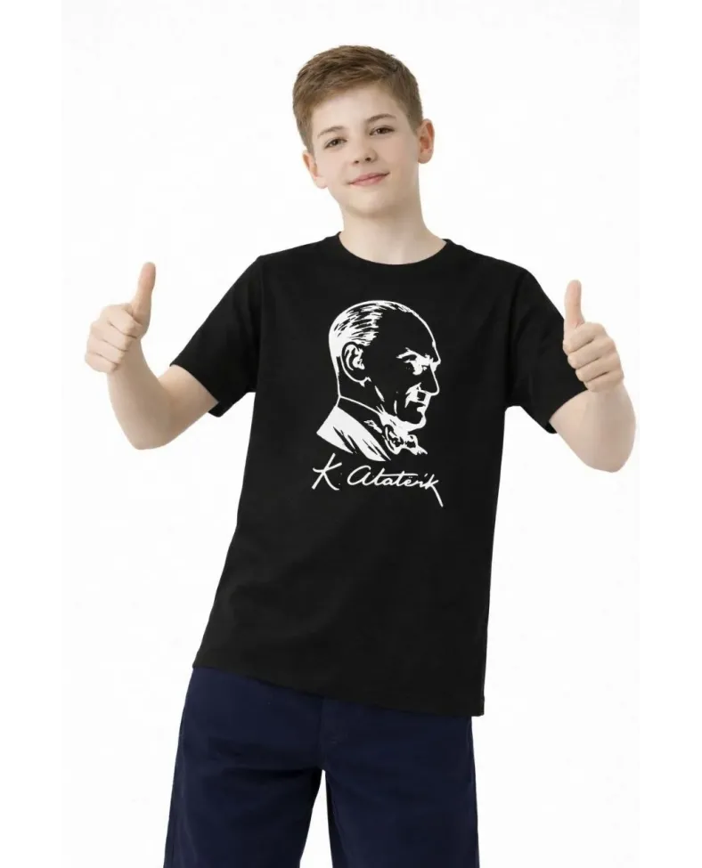 Erkek Çocuk Atatürk Baskılı Tişört Kısa Kollu Bisiklet Yaka T-Shirt - Siyah