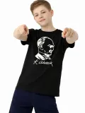 Erkek Çocuk Atatürk Baskılı Tişört Kısa Kollu Bisiklet Yaka T-Shirt - Siyah