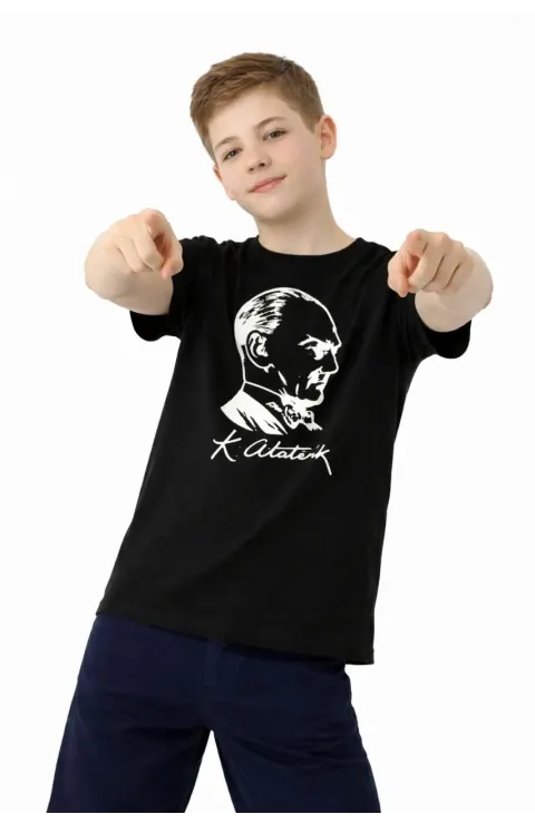 Erkek Çocuk Atatürk Baskılı Tişört Kısa Kollu Bisiklet Yaka T-Shirt - Siyah