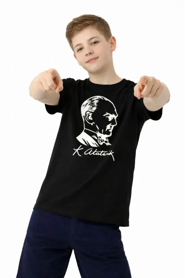 Erkek Çocuk Atatürk Baskılı Tişört Kısa Kollu Bisiklet Yaka T-Shirt - Siyah