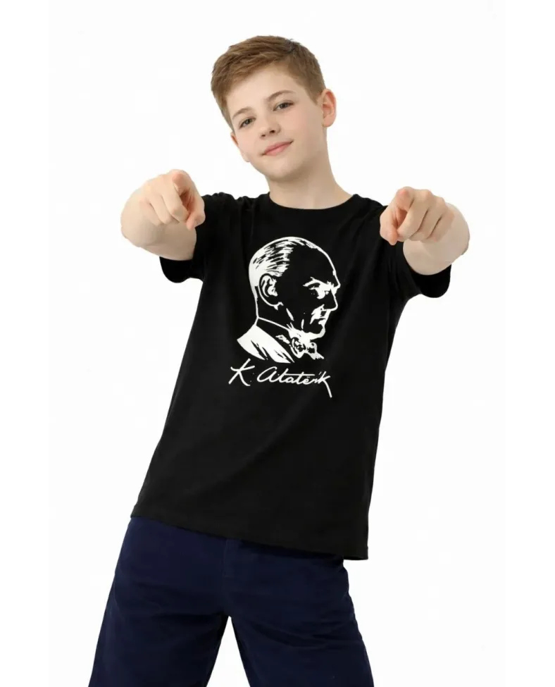 Erkek Çocuk Atatürk Baskılı Tişört Kısa Kollu Bisiklet Yaka T-Shirt - Siyah