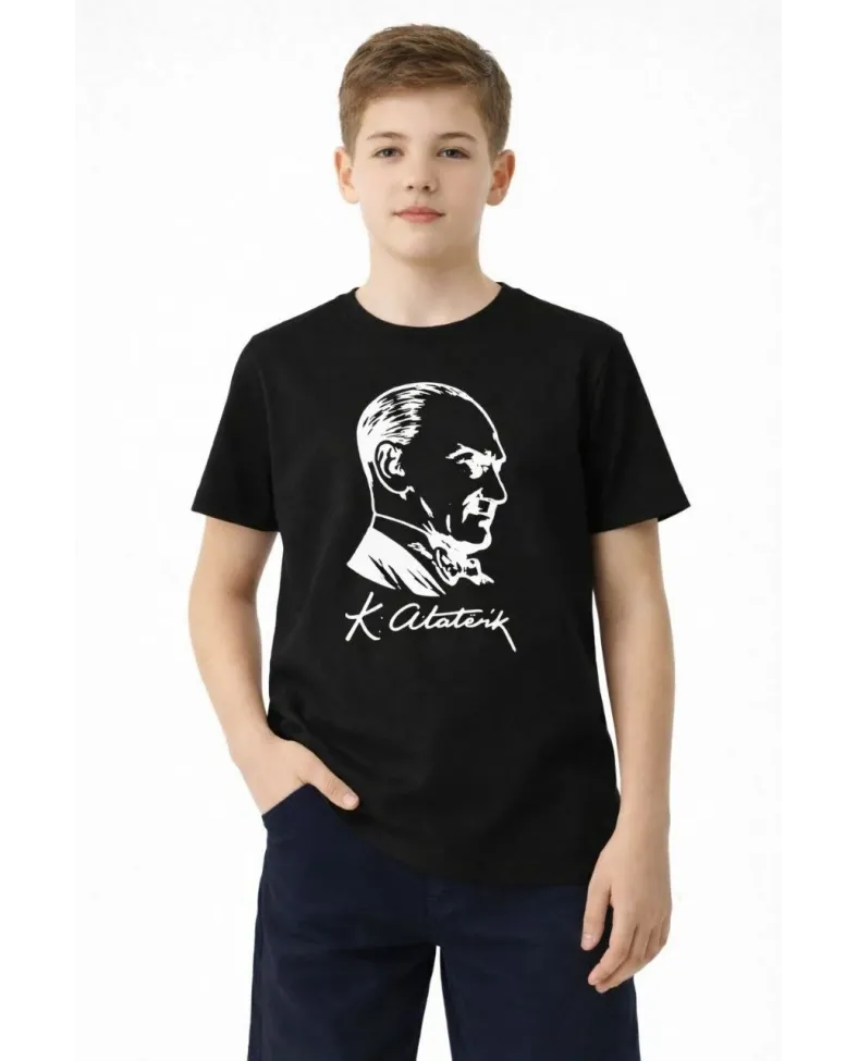 Erkek Çocuk Atatürk Baskılı Tişört Kısa Kollu Bisiklet Yaka T-Shirt - Siyah