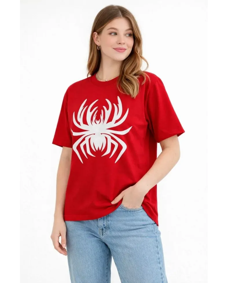 Kadın Örümcek Baskılı Tişört Kısa Kollu Bisiklet Yaka T-Shirt - Kırmızı
