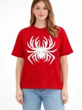 Kadın Örümcek Baskılı Tişört Kısa Kollu Bisiklet Yaka T-Shirt - Kırmızı