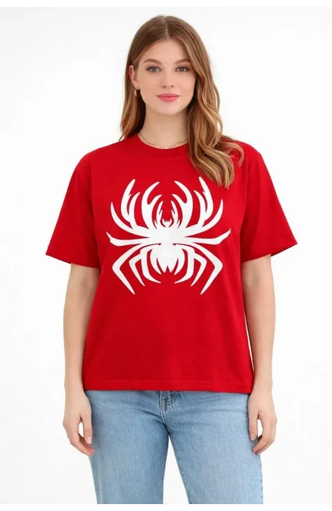 Kadın Örümcek Baskılı Tişört Kısa Kollu Bisiklet Yaka T-Shirt - Kırmızı