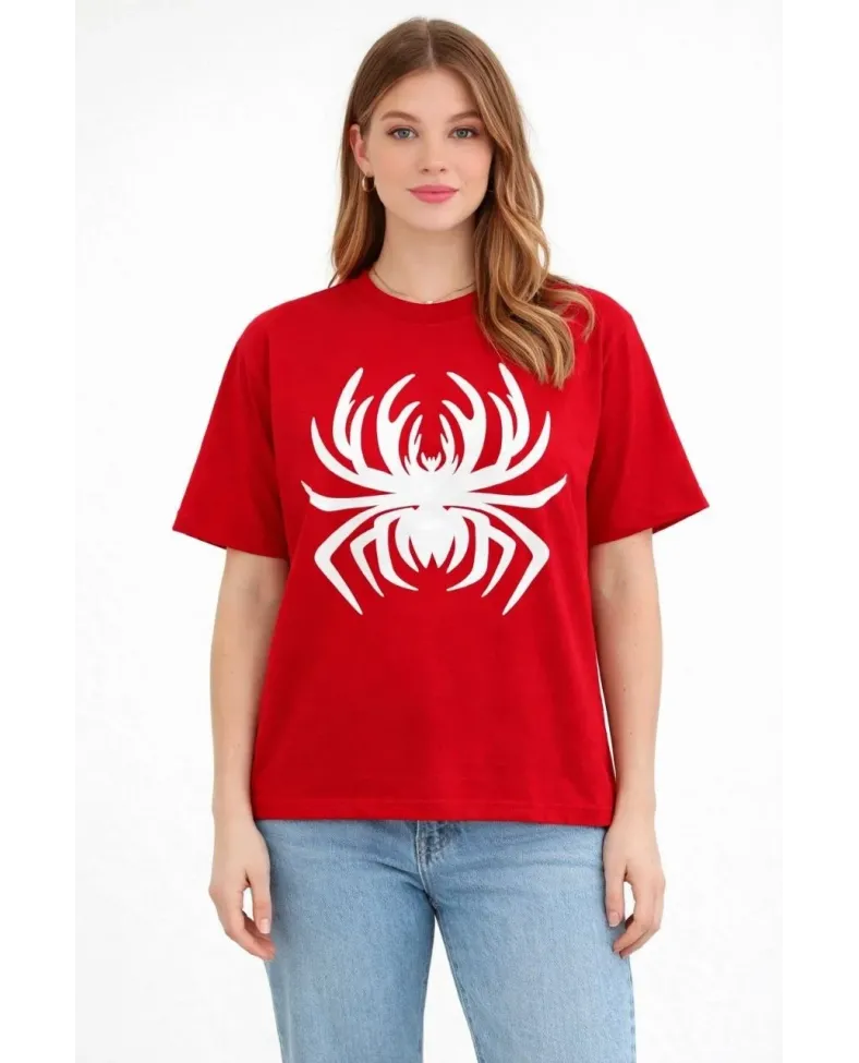 Kadın Örümcek Baskılı Tişört Kısa Kollu Bisiklet Yaka T-Shirt - Kırmızı