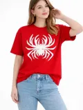 Kadın Örümcek Baskılı Tişört Kısa Kollu Bisiklet Yaka T-Shirt - Kırmızı