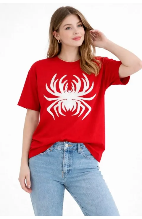 Kadın Örümcek Baskılı Tişört Kısa Kollu Bisiklet Yaka T-Shirt - Kırmızı