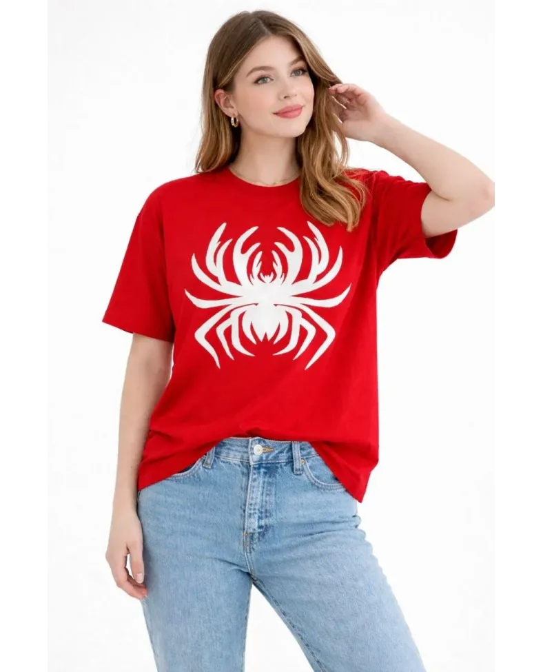 Kadın Örümcek Baskılı Tişört Kısa Kollu Bisiklet Yaka T-Shirt - Kırmızı