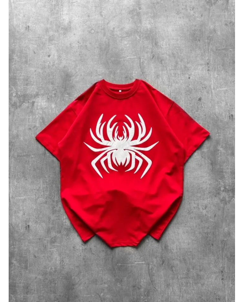 Kadın Örümcek Baskılı Tişört Kısa Kollu Bisiklet Yaka T-Shirt - Kırmızı