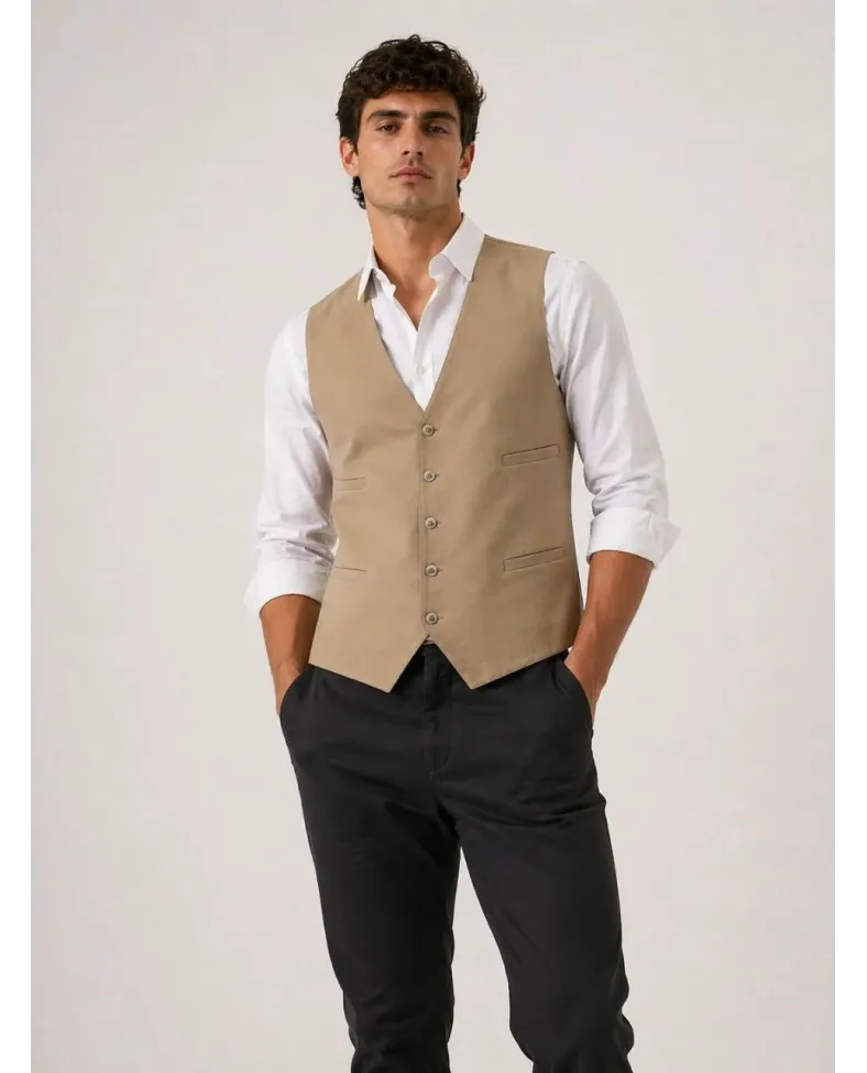 Erkek 6 Cepli Yelek İç Astarlı Sağ Sol İç Cepli Slim Fit Günlük Şık - Bej