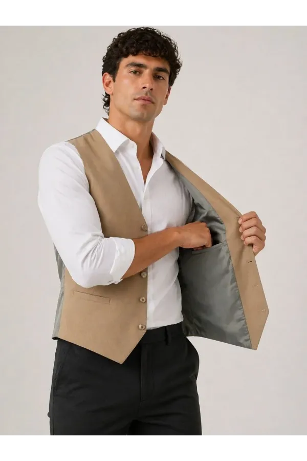 Erkek 6 Cepli Yelek İç Astarlı Sağ Sol İç Cepli Slim Fit Günlük Şık - Bej