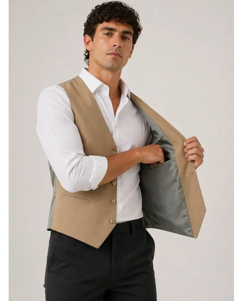 Erkek 6 Cepli Yelek İç Astarlı Sağ Sol İç Cepli Slim Fit Günlük Şık - Bej