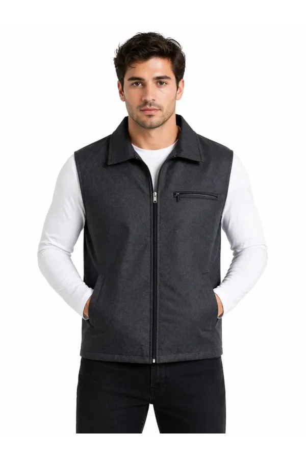 Erkek Fermuarlı Yelek 4 Cepli (İç Cepli) İç Astarlı Günlük Rahat Kalıp - Antrasit