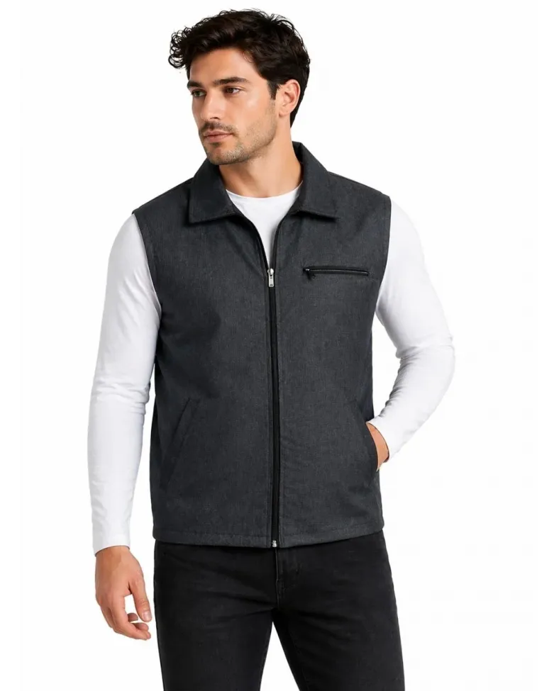 Erkek Fermuarlı Yelek 4 Cepli (İç Cepli) İç Astarlı Günlük Rahat Kalıp - Antrasit