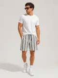 Erkek Çizgili Yazlık Şort Dokuma Kumaş Lastikli Bel Cepli Rahat Kesim - Ekru