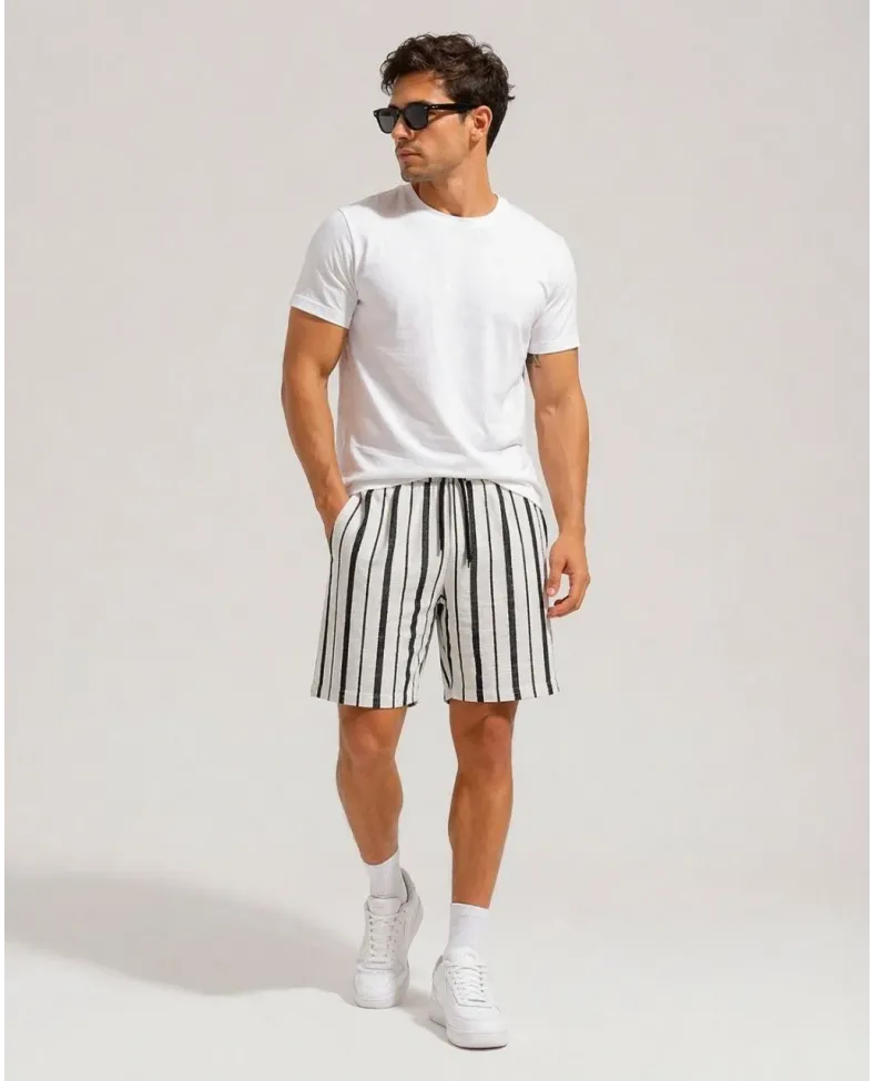 Erkek Çizgili Yazlık Şort Dokuma Kumaş Lastikli Bel Cepli Rahat Kesim - Ekru