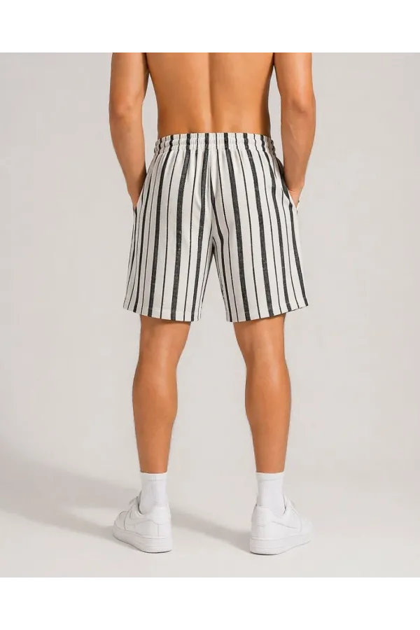 Erkek Çizgili Yazlık Şort Dokuma Kumaş Lastikli Bel Cepli Rahat Kesim - Ekru