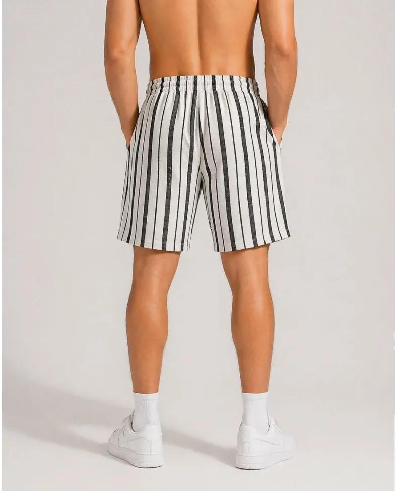 Erkek Çizgili Yazlık Şort Dokuma Kumaş Lastikli Bel Cepli Rahat Kesim - Ekru