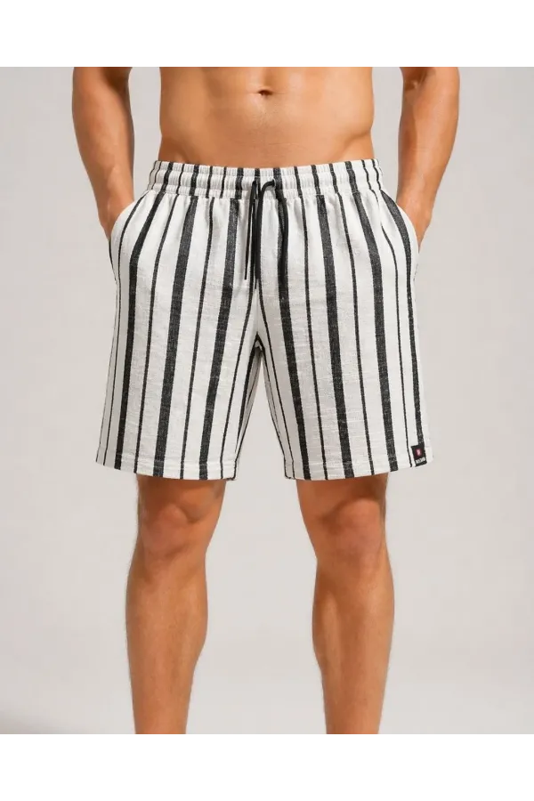 Erkek Çizgili Yazlık Şort Dokuma Kumaş Lastikli Bel Cepli Rahat Kesim - Ekru