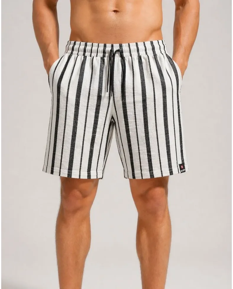 Erkek Çizgili Yazlık Şort Dokuma Kumaş Lastikli Bel Cepli Rahat Kesim - Ekru