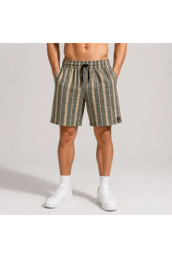 Erkek Çizgili Yazlık Şort Dokuma Kumaş Lastikli Bel Cepli Rahat Kesim - Haki