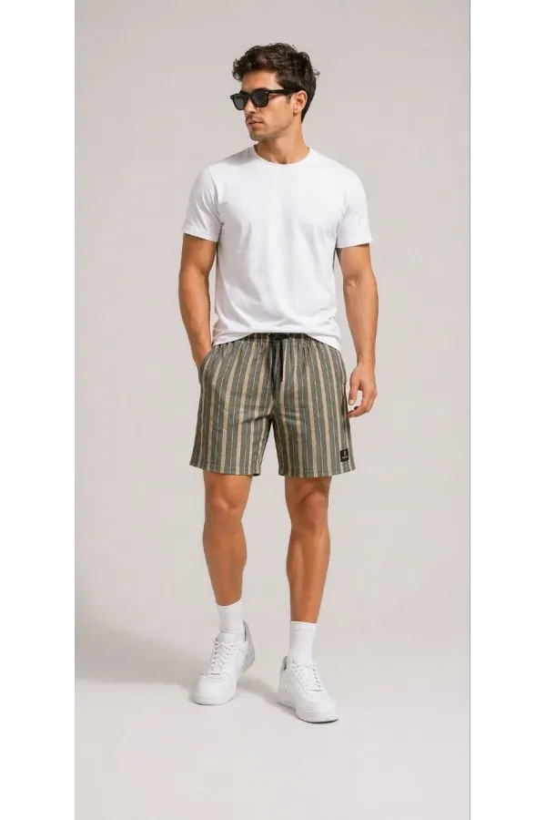 Erkek Çizgili Yazlık Şort Dokuma Kumaş Lastikli Bel Cepli Rahat Kesim - Haki