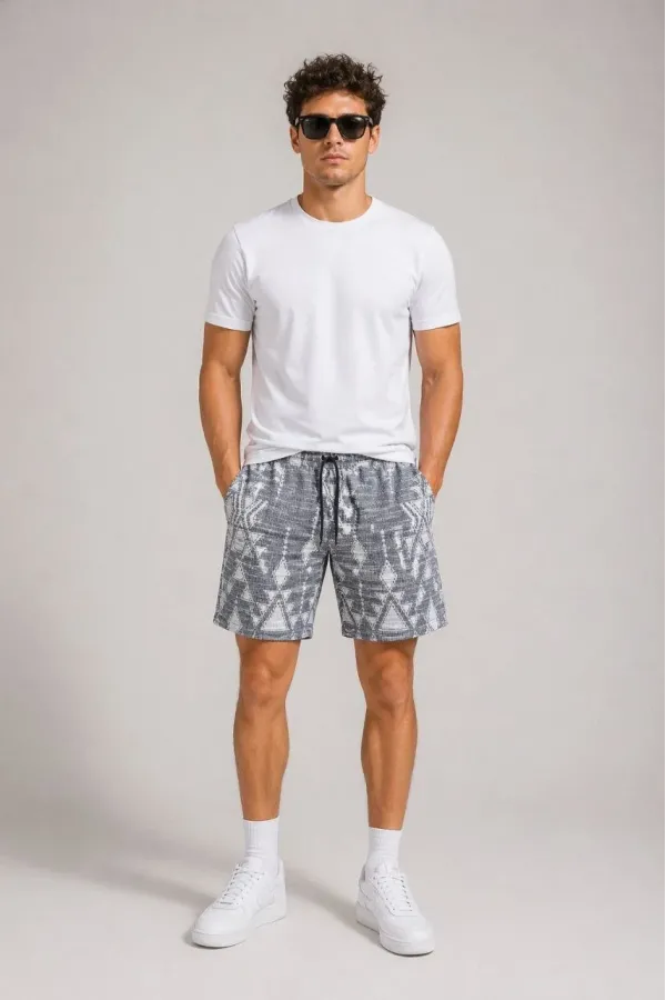 Erkek Desenli Dokuma Yazlık Şort Lastikli Bel Bağcıklı Rahat Kesim - Gri