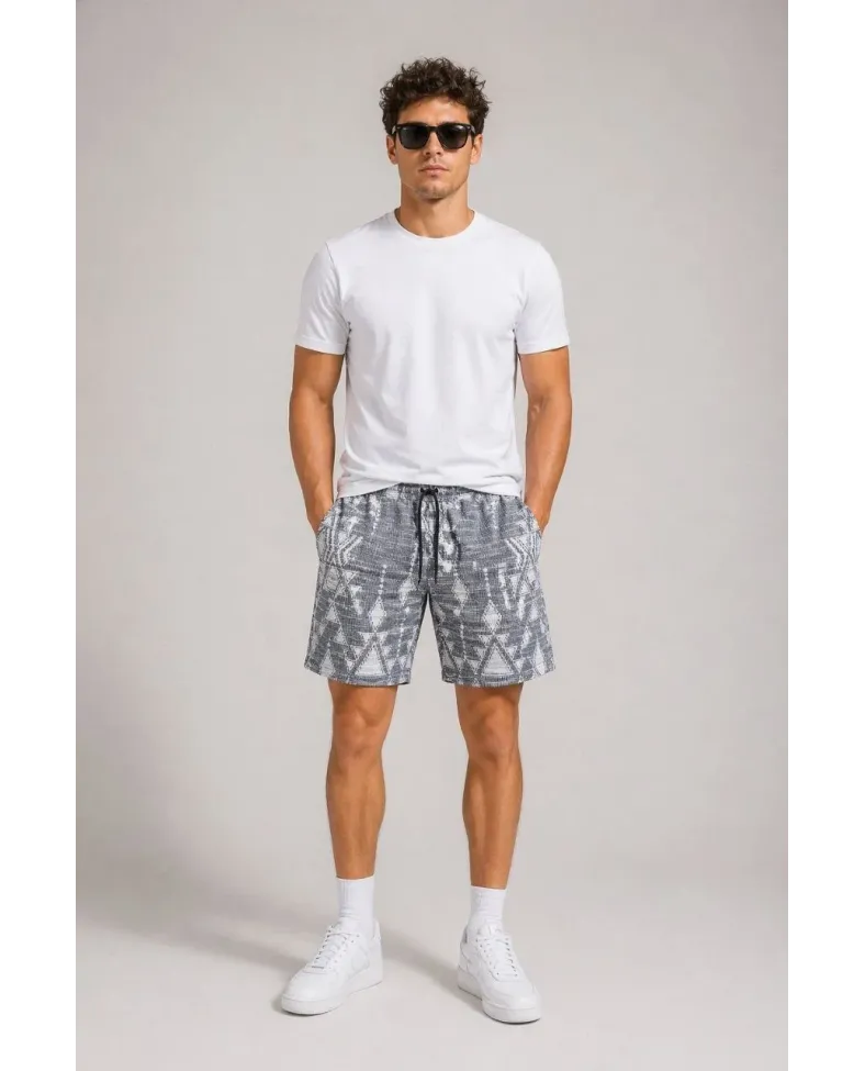 Erkek Desenli Dokuma Yazlık Şort Lastikli Bel Bağcıklı Rahat Kesim - Gri