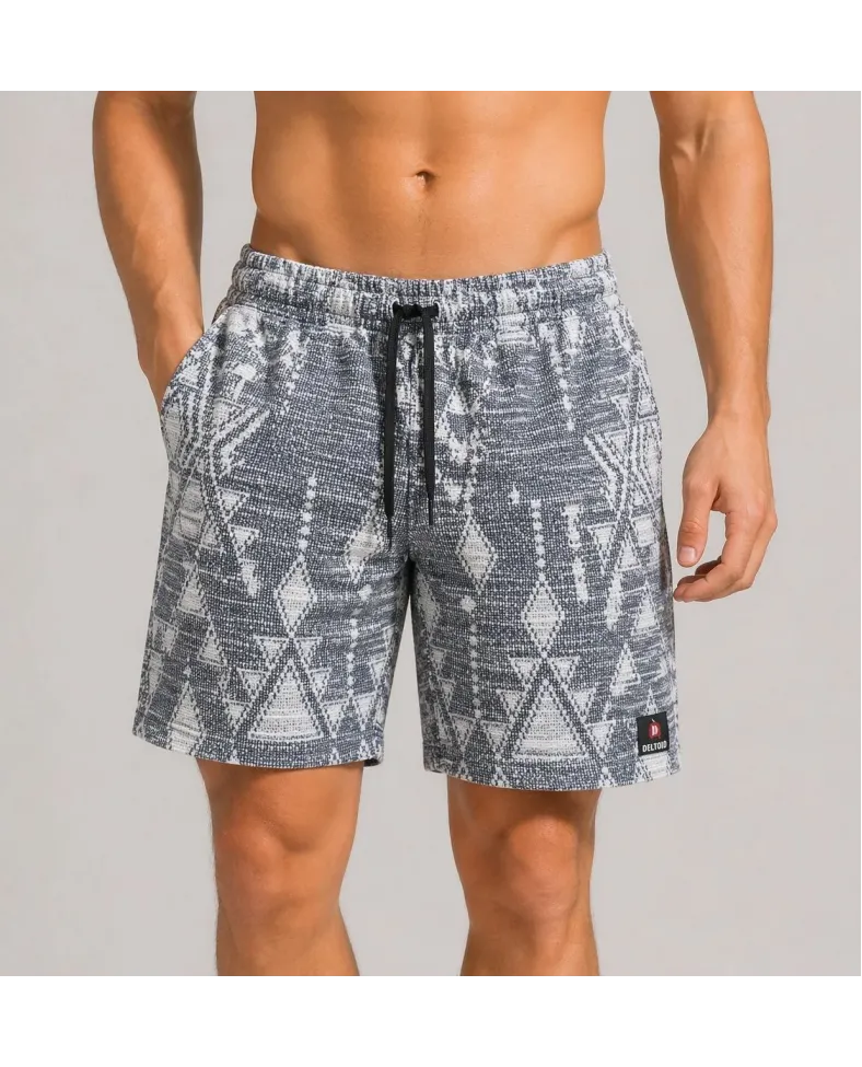 Erkek Desenli Dokuma Yazlık Şort Lastikli Bel Bağcıklı Rahat Kesim - Gri