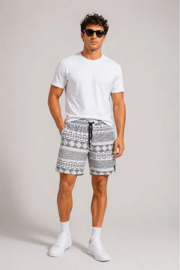 Erkek Dokuma Etnik Desenli Şort Lastikli Bel Bağcıklı Cepli Yazlık Rahat - Gri