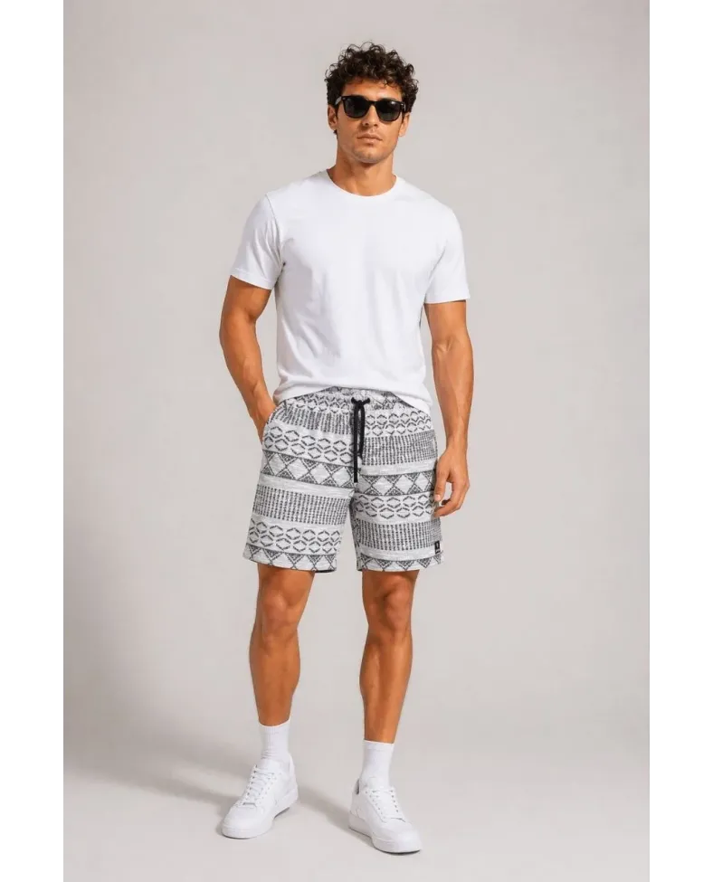Erkek Dokuma Etnik Desenli Şort Lastikli Bel Bağcıklı Cepli Yazlık Rahat - Gri