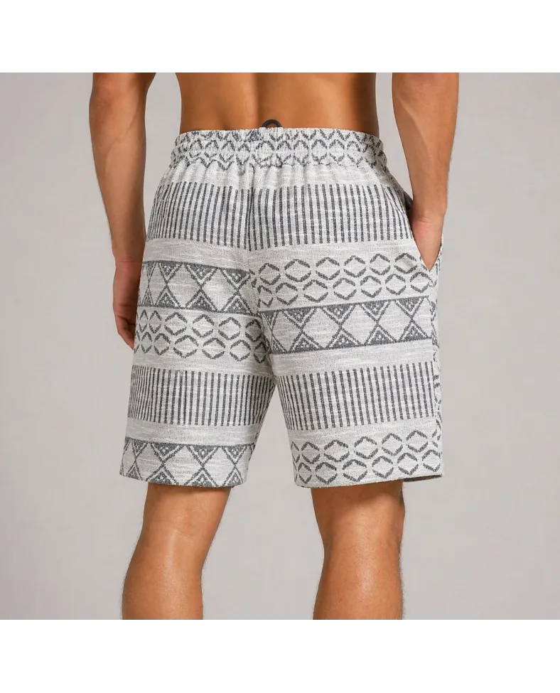 Erkek Dokuma Etnik Desenli Şort Lastikli Bel Bağcıklı Cepli Yazlık Rahat - Gri