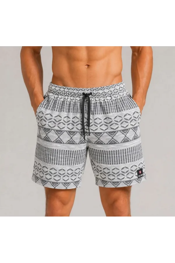 Erkek Dokuma Etnik Desenli Şort Lastikli Bel Bağcıklı Cepli Yazlık Rahat - Gri