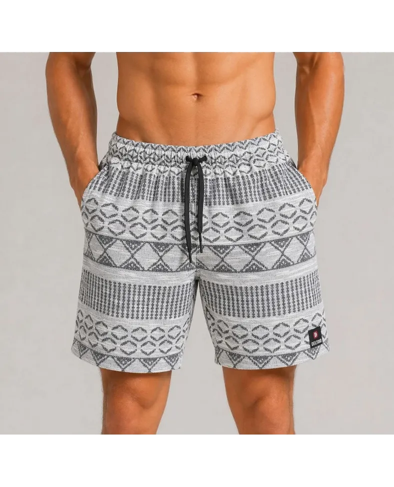 Erkek Dokuma Etnik Desenli Şort Lastikli Bel Bağcıklı Cepli Yazlık Rahat - Gri
