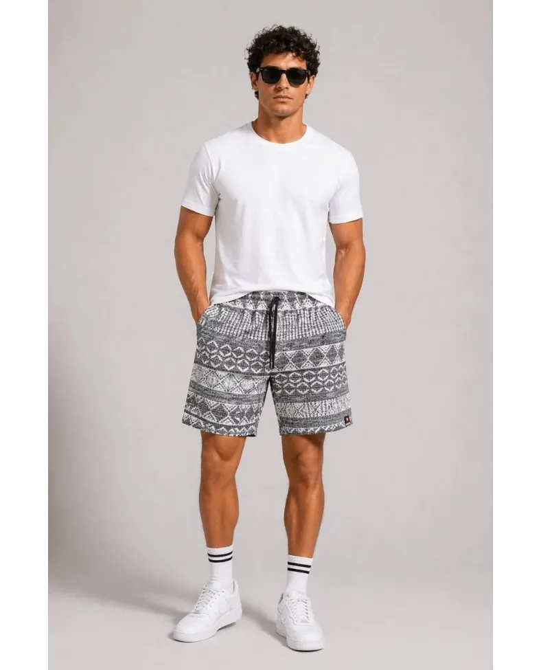 Erkek Dokuma Etnik Desenli Şort Lastikli Bel Bağcıklı Cepli Yazlık Rahat - Gri